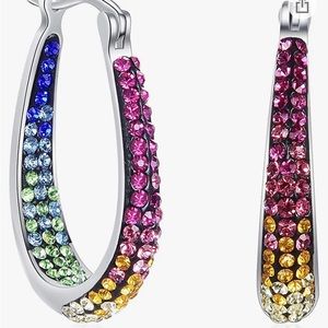 💕 New! Multi Color Rainbow Crystal Oval HoopEarrings - Silver Plated 1.2 Inch💕